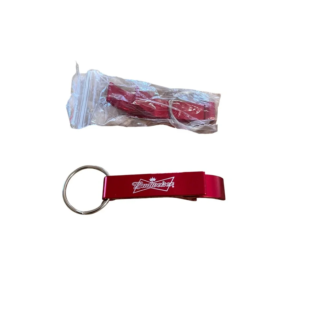 Budweiser Bottle Opener Keychain Lot 2 Red Aluminum Bar Tool Brewery Memorabilia